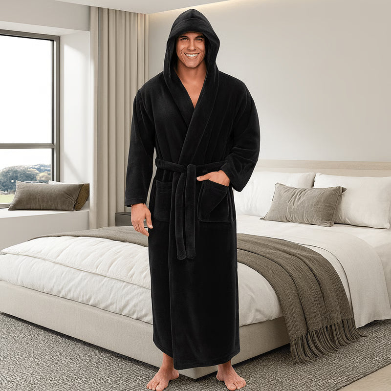 Men's Hooded Bathrobe, Soft Fluffy Robe, Long Quick Dry Sleepwear, Home Gown
