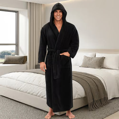 Men's Hooded Bathrobe, Soft Fluffy Robe, Long Quick Dry Sleepwear, Home Gown