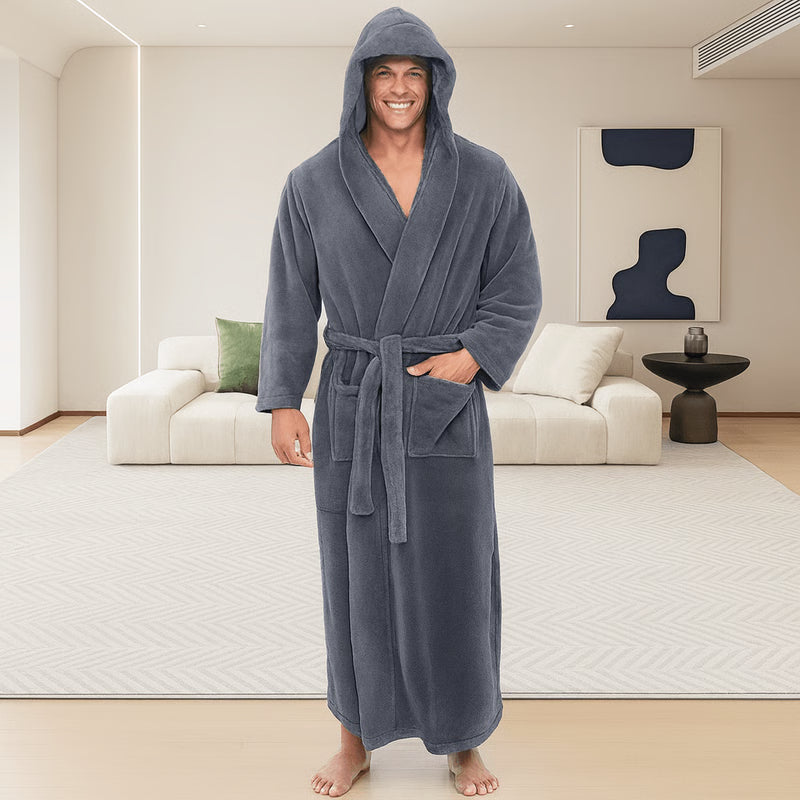 Men's Hooded Bathrobe, Soft Fluffy Robe, Long Quick Dry Sleepwear, Home Gown
