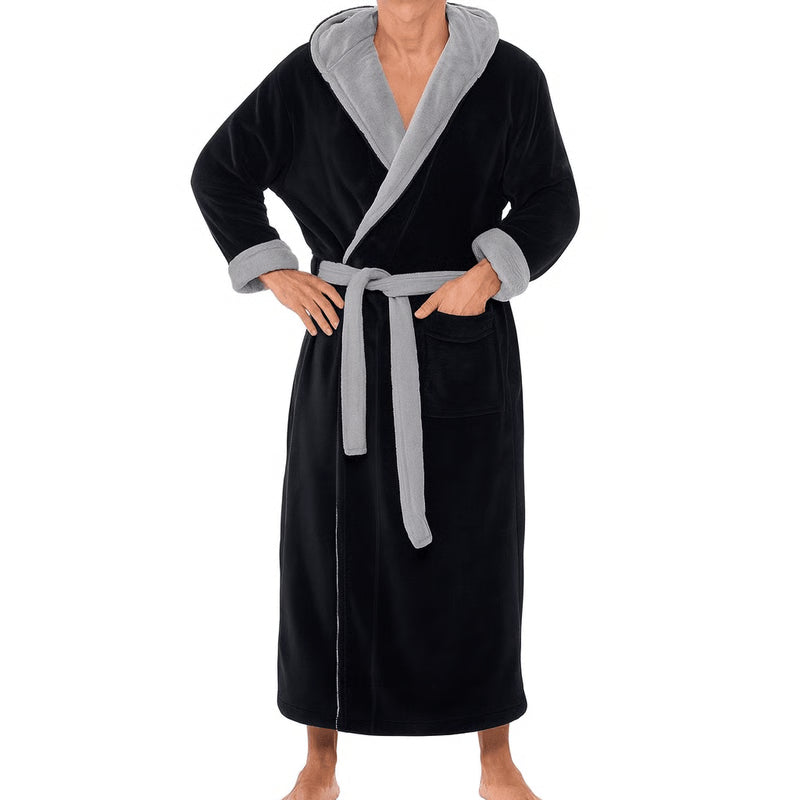 Men's Hooded Bathrobe, Soft Fluffy Robe, Long Quick Dry Sleepwear, Home Gown