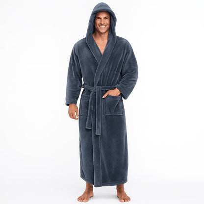 Men's Hooded Bathrobe, Soft Fluffy Robe, Long Quick Dry Sleepwear, Home Gown