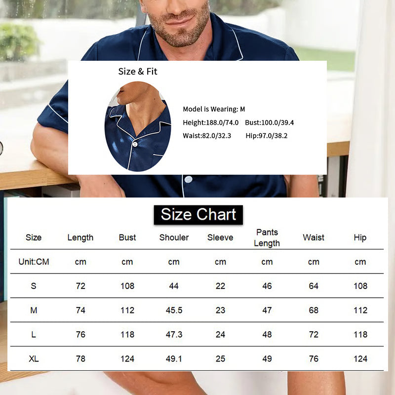 Summer Sleepwear for Men, Satin Short Sleeve Pajama Set, Button-Down Shirt & Elastic Waist Shorts Pajamas