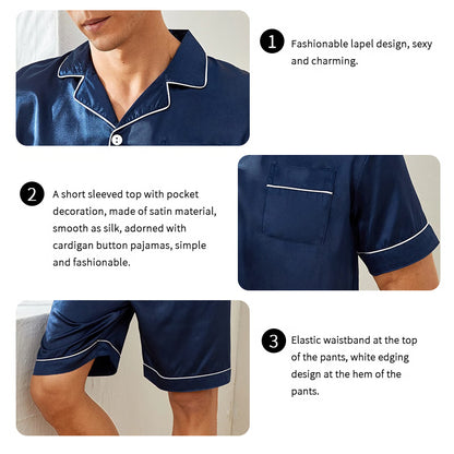 Summer Sleepwear for Men, Satin Short Sleeve Pajama Set, Button-Down Shirt & Elastic Waist Shorts Pajamas