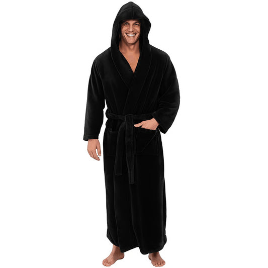 Men's Hooded Bathrobe, Soft Fluffy Robe, Long Quick Dry Sleepwear, Home Gown