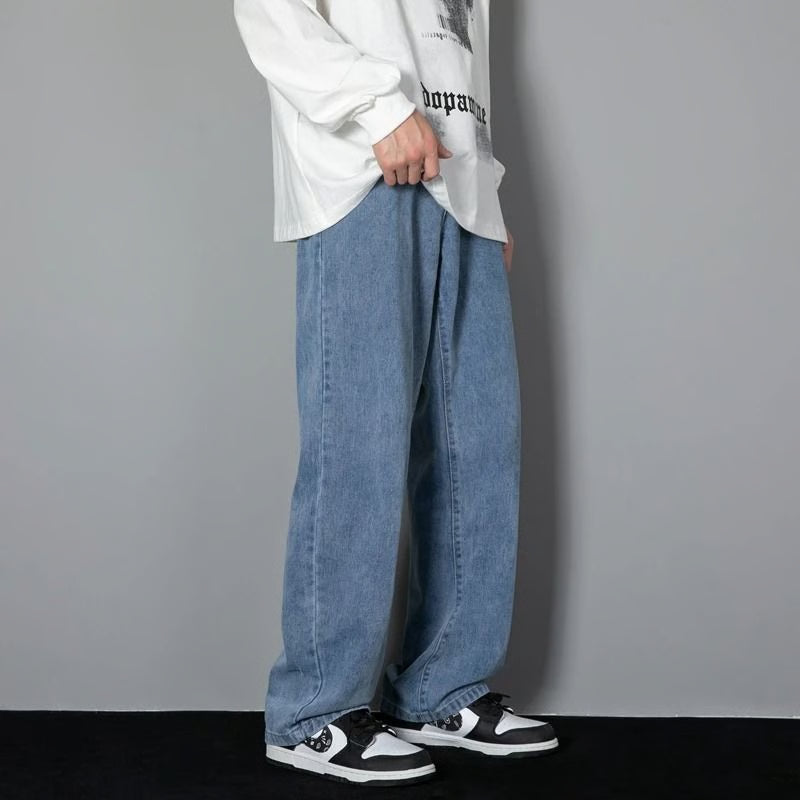 Men Casual Straight Denim Jeans Classic Wide Leg Pants