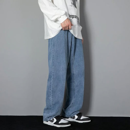 Men Casual Straight Denim Jeans Classic Wide Leg Pants