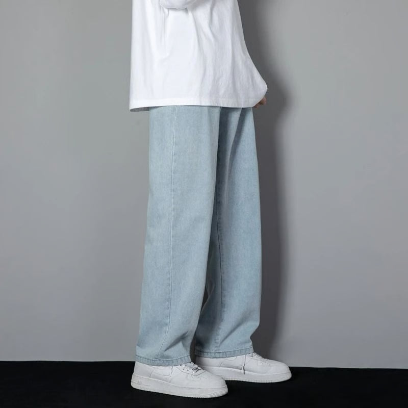 Men Casual Straight Denim Jeans Classic Wide Leg Pants