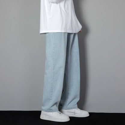 Men Casual Straight Denim Jeans Classic Wide Leg Pants