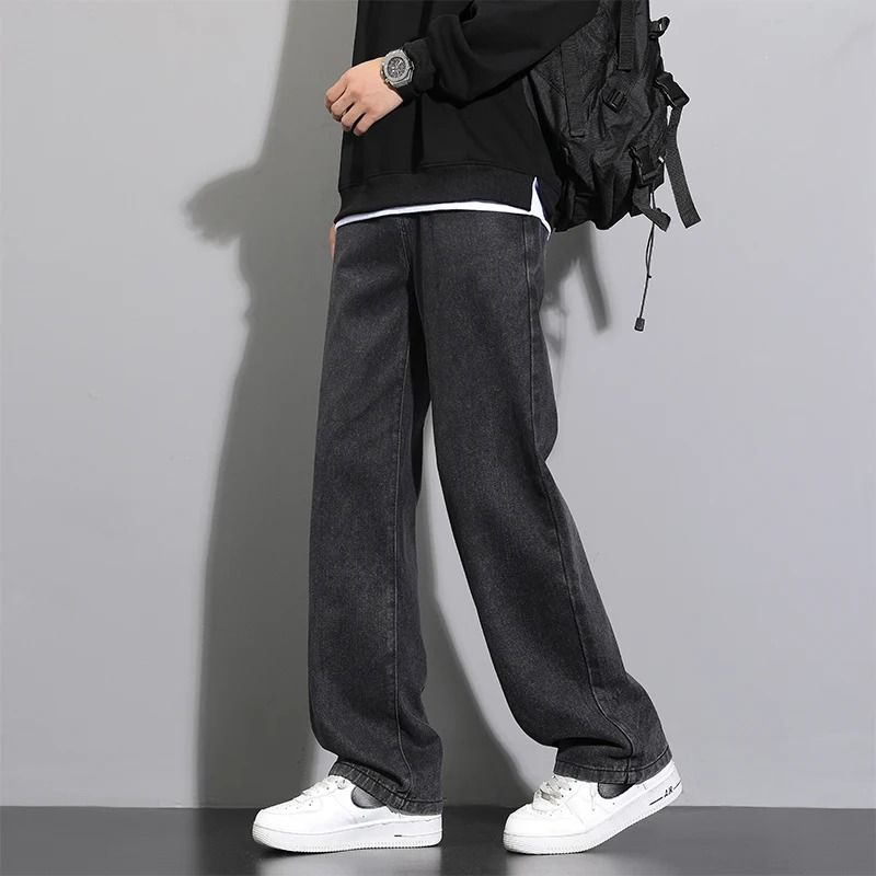 Men Casual Straight Denim Jeans Classic Wide Leg Pants