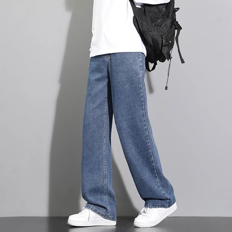 Men Casual Straight Denim Jeans Classic Wide Leg Pants