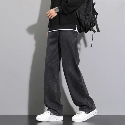Men Casual Straight Denim Jeans Classic Wide Leg Pants