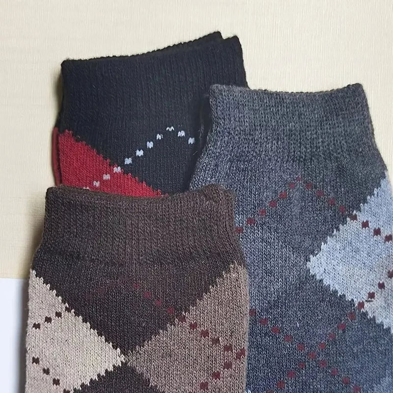 Warm Winter Men Wool Socks, Splicing Diamond Patterns, Thick Mid Length Cold Resistant Boots Socks, Soft & Durable